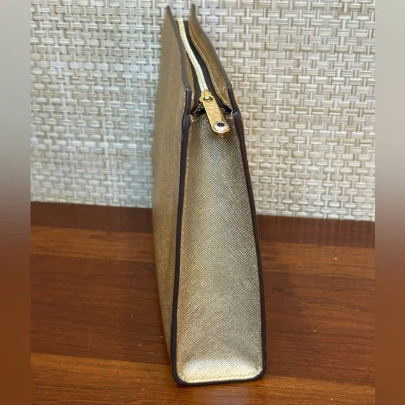Henri Bendel New York West 57th Metallic Gold Saffiano Leather Cosmetic Clutch - Picture 5 of 13